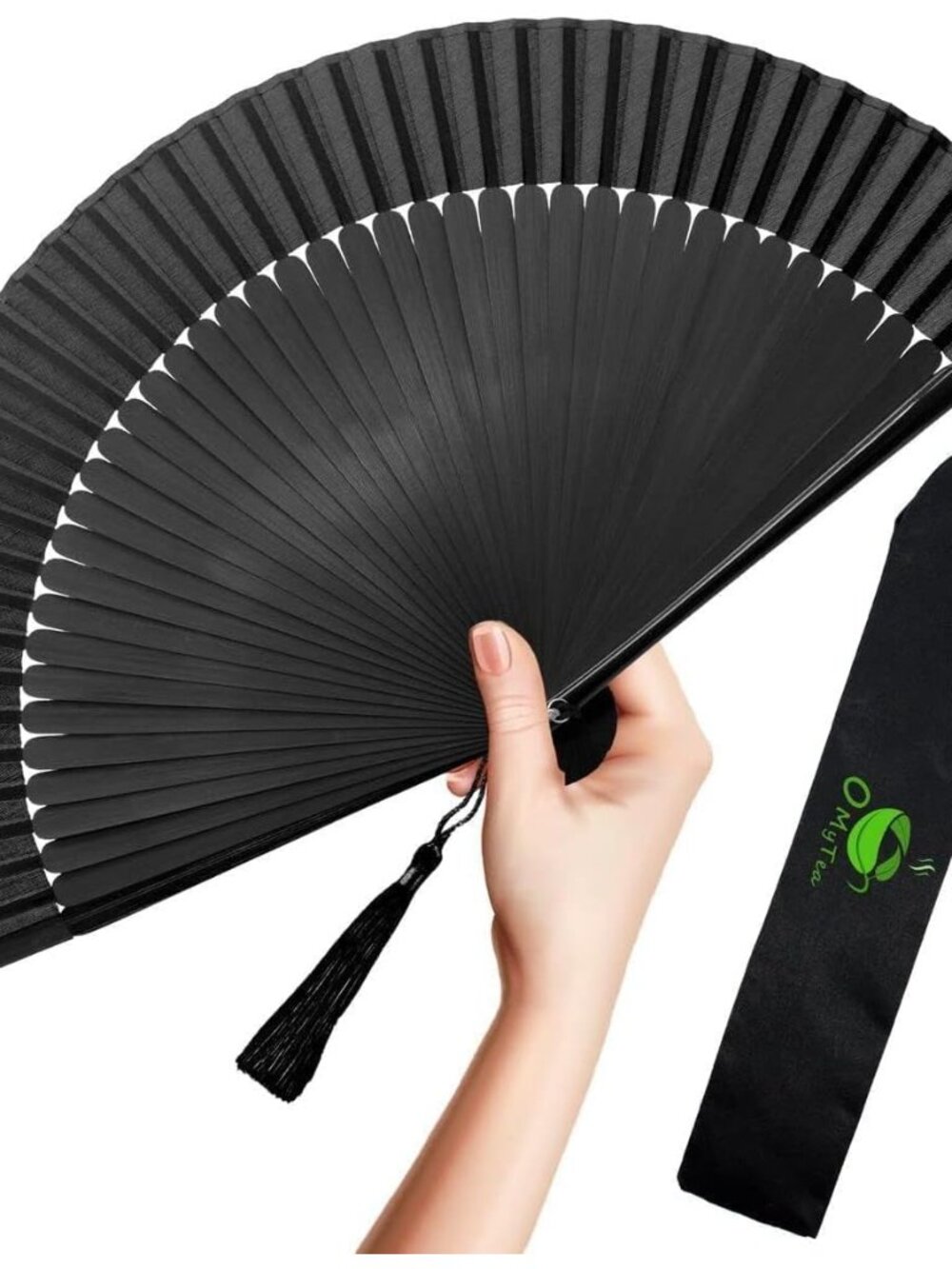 Hand Fan Foldable for Women, Japanese Chinese Fan, Solid Black